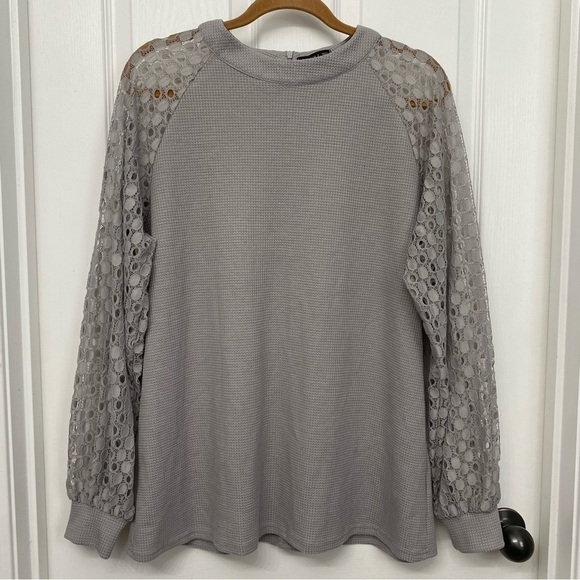 Miholl Waffle Knit Long Sleeve Lace Shirt Gray Blouse Size XXL - Picture 10 of 10